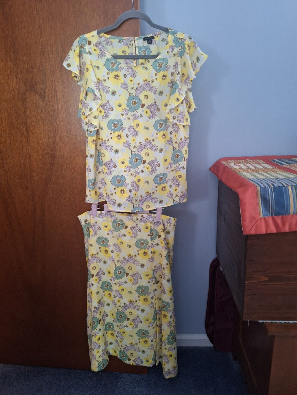 Ann Taylor Factory Yellow Floral Two-Piece Top (Med) and Skirt (12) Set